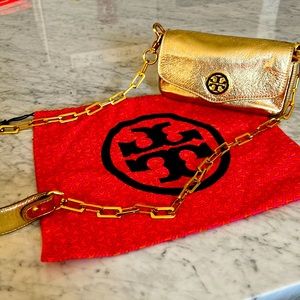 Tory Burch Gold Metallic evening bag. Gold chain strap that can detach.